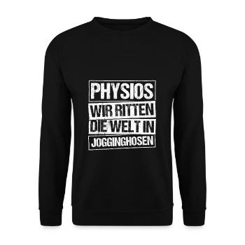 Physios Wir Retten Die Welt In Jogginghosen Physio - Unisex Pullover - Schwarz - Vorne - Alina (178cm) & Michal (187cm)