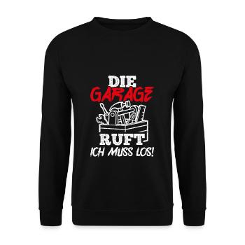 Die Garage ruft Ich muss los - Auto KFZ Liebhaber - Unisex Pullover - Schwarz - Vorne - Alina (178cm) & Michal (187cm)