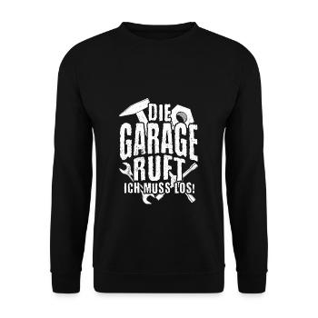 Die Garage ruft Ich muss los - Auto KFZ Liebhaber - Unisex Pullover - Schwarz - Vorne - Alina (178cm) & Michal (187cm)