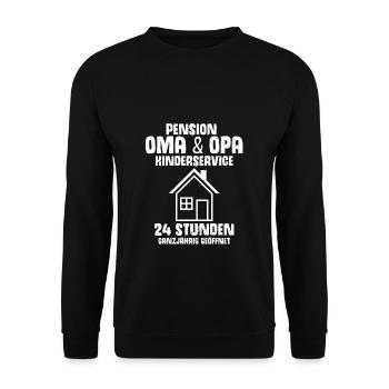 Oma & Opa Kindergartenservice 24 Stunden Ganzjähri - Unisex Pullover - Schwarz - Vorne - Alina (178cm) & Michal (187cm)