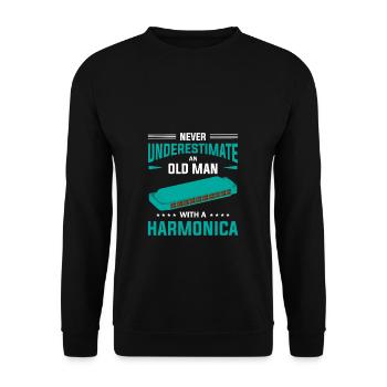 Never Underestimate Old Man With Mundharmonika - Unisex Pullover - Schwarz - Vorne - Alina (178cm) & Michal (187cm)