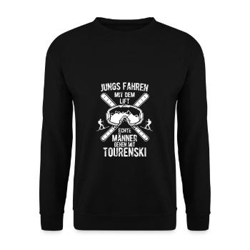 Tourenski Wintersport Berg Skifahrer Geschenk Skit - Unisex Pullover - Schwarz - Vorne - Alina (178cm) & Michal (187cm)