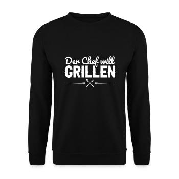 Der Chef will grillen BBQ Grill Geschenk - Unisex Pullover - Schwarz - Vorne - Alina (178cm) & Michal (187cm)