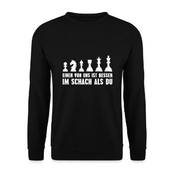 Schach Einer von uns ist besser Schachspieler - Unisex Pullover - Schwarz - Vorne - Alina (178cm) & Michal (187cm)