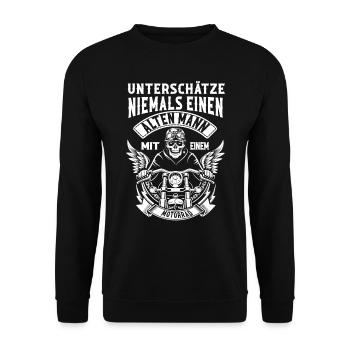 Alter Mann Biker Opa - Unisex Pullover - Schwarz - Vorne - Alina (178cm) & Michal (187cm)