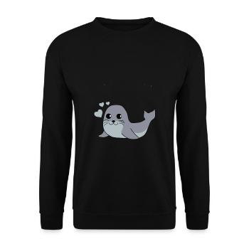 Süßes Seehund Robben Baby als Geschenk für Kids - Unisex Pullover - Schwarz - Vorne - Alina (178cm) & Michal (187cm)