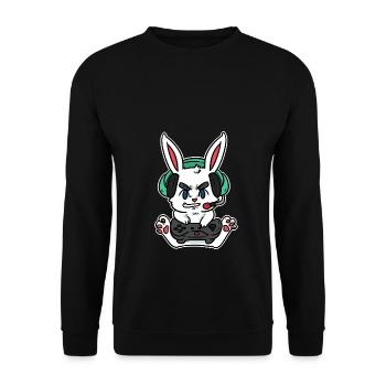 Gamer Zocker Bunny Hase mit Headset & Joystick - Unisex Pullover - Schwarz - Vorne - Alina (178cm) & Michal (187cm)