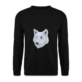 Weißer Wolf mit Narbe am Auge für Tierfreunde - Unisex Pullover - Schwarz - Vorne - Alina (178cm) & Michal (187cm)