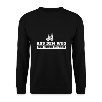 Staplerfahrer Ich muss durch Gabelstapler - Unisex Pullover - Schwarz - Vorne - Alina (178cm) & Michal (187cm)
