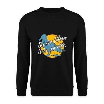 Sei eine Möwe scheiss auf alles. Möwensilhouette - Unisex Pullover - Schwarz - Vorne - Alina (178cm) & Michal (187cm)