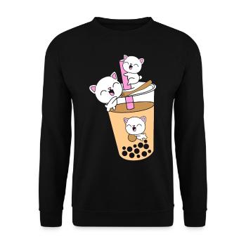 Boba Tee Bubble Tea Katze Kätzchen - Unisex Pullover - Schwarz - Vorne - Alina (178cm) & Michal (187cm)