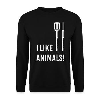 I Like Animals! (Grillbesteck / White) - Unisex Pullover - Schwarz - Vorne - Alina (178cm) & Michal (187cm)