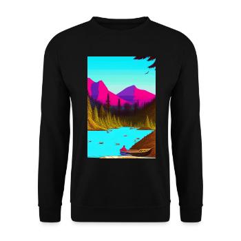 Landscape with lake, boat and mountains - Unisex Sweatshirt - black - Front - Alina (178cm) & Michal (187cm)