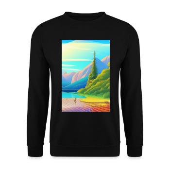Landscape with lake, boat and mountains - Unisex Sweatshirt - black - Front - Alina (178cm) & Michal (187cm)