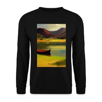 Landscape with lake, boat and mountains - Unisex Sweatshirt - black - Front - Alina (178cm) & Michal (187cm)