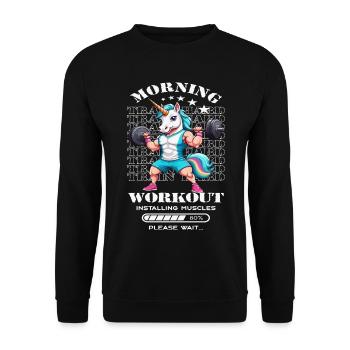 Einhorn Morning Workout - Unisex Pullover - Schwarz - Vorne - Alina (178cm) & Michal (187cm)