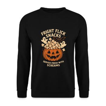 Halloween Movie Night – Spooky Popcorn Kürbis - Unisex Pullover - Schwarz - Vorne - Alina (178cm) & Michal (187cm)