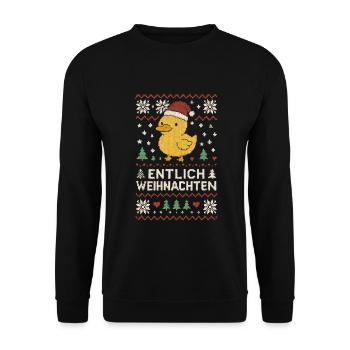 Entlich Weihnachten Ugly Christmas Spruch - Unisex Pullover - Schwarz - Vorne - Alina (178cm) & Michal (187cm)