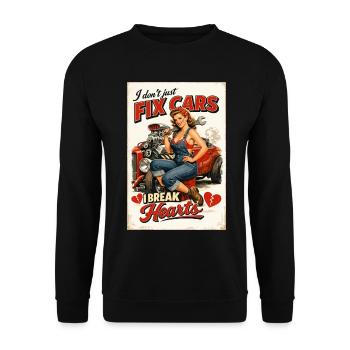 Pin-Up Hot Rod: I don't fix cars, I break hearts - Unisex Pullover - Schwarz - Vorne - Alina (178cm) & Michal (187cm)