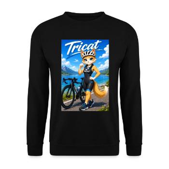 Tricat: Katze im Triathlon Outfit - Unisex Pullover - Schwarz - Vorne - Alina (178cm) & Michal (187cm)