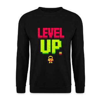 Level Up Pixelheld Retro - Unisex Pullover - Schwarz - Vorne - Alina (178cm) & Michal (187cm)