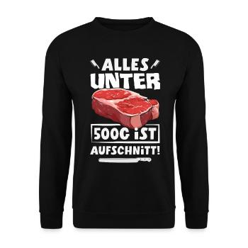 Grillmeister Geschenk Fleisch Wurst & Bier - Unisex Pullover - Schwarz - Vorne - Alina (178cm) & Michal (187cm)