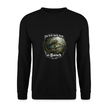 Da leck mich doch am Barsch – Flussbarsch | Angler - Unisex Pullover - Schwarz - Vorne - Alina (178cm) & Michal (187cm)