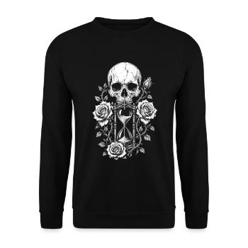 Gothic Skull Memento Mori Design mit Rosen Sanduhr - Unisex Pullover - Schwarz - Vorne - Alina (178cm) & Michal (187cm)