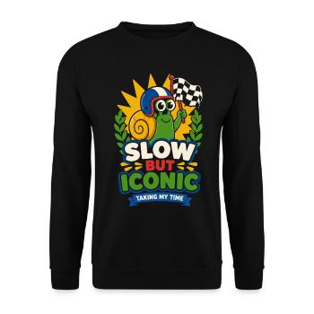 Slow but Iconic – Coole Rennschnecke - Unisex Pullover - Schwarz - Vorne - Alina (178cm) & Michal (187cm)