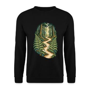 Farngesäumter Weg durch einen ruhigen Wald - Unisex Pullover - Schwarz - Vorne - Alina (178cm) & Michal (187cm)