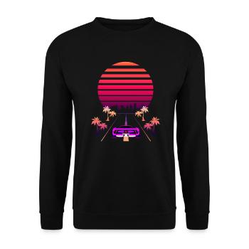 Synthwave Sunset und Retro 80s Sport Fast Car - Unisex Pullover - Schwarz - Vorne - Alina (178cm) & Michal (187cm)