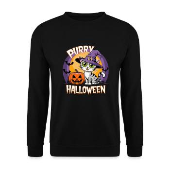Purry Halloween Katze Hexe Kürbis Schnurren Süß - Unisex Pullover - Schwarz - Vorne - Alina (178cm) & Michal (187cm)