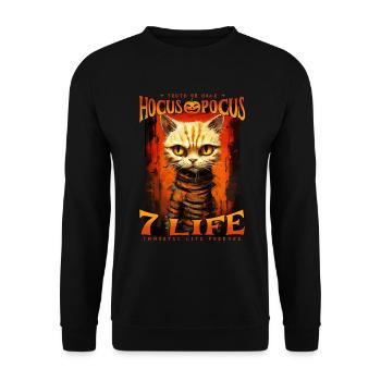 Grimmige Halloween Katze Spruch Hocus Pocus 7 life - Unisex Pullover - Schwarz - Vorne - Alina (178cm) & Michal (187cm)