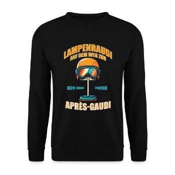 Lampenraudi auf dem Weg zur Après-Gaudi Lampe aus - Unisex Pullover - Schwarz - Vorne - Alina (178cm) & Michal (187cm)
