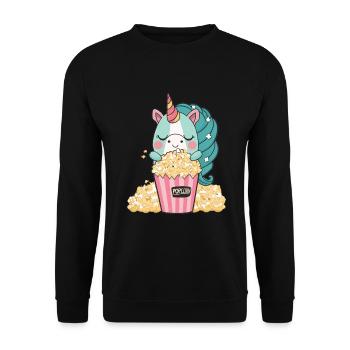 Une licorne colorée et mignonne mange un délicieux maïs soufflé au beurre - Sweat-shirt Unisexe - noir - Devant - Alina (178cm) & Michal (187cm)