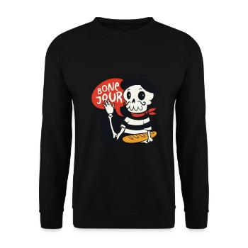 Französischer Skelett Cartoon Mit Bone Jour Spruch - Unisex Pullover - Schwarz - Vorne - Alina (178cm) & Michal (187cm)