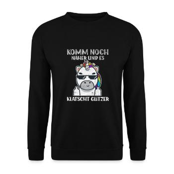 Komm Noch Näher & Es Klatscht Glitzer Mittelfinger - Unisex Pullover - Schwarz - Vorne - Alina (178cm) & Michal (187cm)