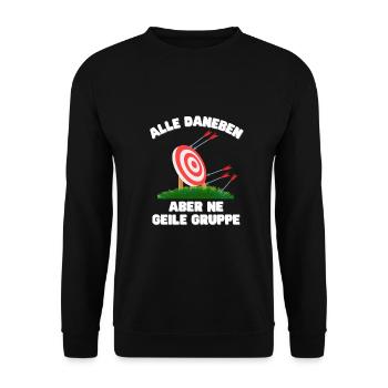 Lustiger Spruch Bogenschießen Gruppe Bogensport - Unisex Pullover - Schwarz - Vorne - Alina (178cm) & Michal (187cm)