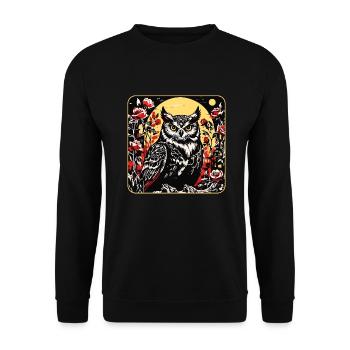 Hibou avec des vrilles de pétales de rose en aspect gravure sur bois - Sweat-shirt Unisexe - noir - Devant - Alina (178cm) & Michal (187cm)