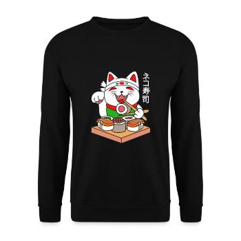 Maneki Neko Japan Glücksbringer Sushi - Unisex Pullover - Schwarz - Vorne - Alina (178cm) & Michal (187cm)