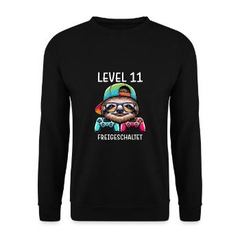 Level 11 Freigeschaltet Gamer Geburtstag Faultier - Unisex Pullover - Schwarz - Vorne - Alina (178cm) & Michal (187cm)