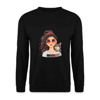 Deutschland Fan Girl mit Katze - Unisex Pullover - Schwarz - Vorne - Alina (178cm) & Michal (187cm)