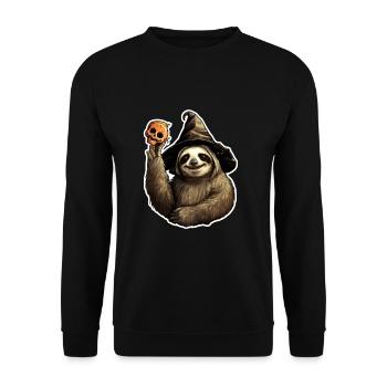 Halloween Faultier mit Hexenhut und Totenkopf - Unisex Pullover - Schwarz - Vorne - Alina (178cm) & Michal (187cm)