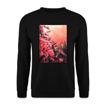 Kirschblüten Japan, Kunst Landschaft Gebirge Asien - Unisex Pullover - Schwarz - Vorne - Alina (178cm) & Michal (187cm)