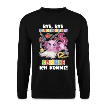 Niedliches Axolotl Kind Einschulung Schulanfang - Unisex Pullover - Schwarz - Vorne - Alina (178cm) & Michal (187cm)