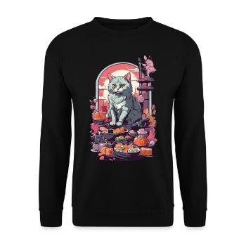 Retro Katze Sushi Sashimi Ukiyo-E Kunststil - Unisex Pullover - Schwarz - Vorne - Alina (178cm) & Michal (187cm)