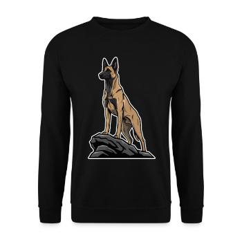 Belgischer Schäferhund Malinois auf Felsporträt - Unisex Pullover - Schwarz - Vorne - Alina (178cm) & Michal (187cm)