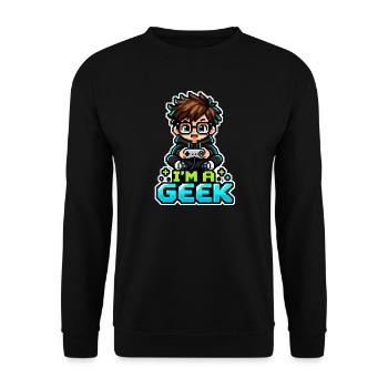 Pixel Geek Chibi Gamer - Unisex Pullover - Schwarz - Vorne - Alina (178cm) & Michal (187cm)