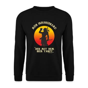AD - mein Indianername - der mit dem Bier tanzt - - Unisex Pullover - Schwarz - Vorne - Alina (178cm) & Michal (187cm)