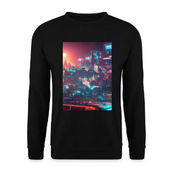 Cool Japanese Techno Cat In Japan Neon City - Unisex Pullover - Schwarz - Vorne - Alina (178cm) & Michal (187cm)